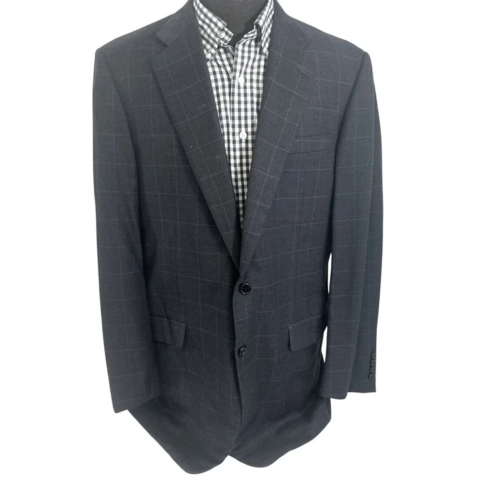 Hickey Freeman Gray Check Plaid‎ Blazer Loro Piana Fabric Italy Tasmanian 42 L